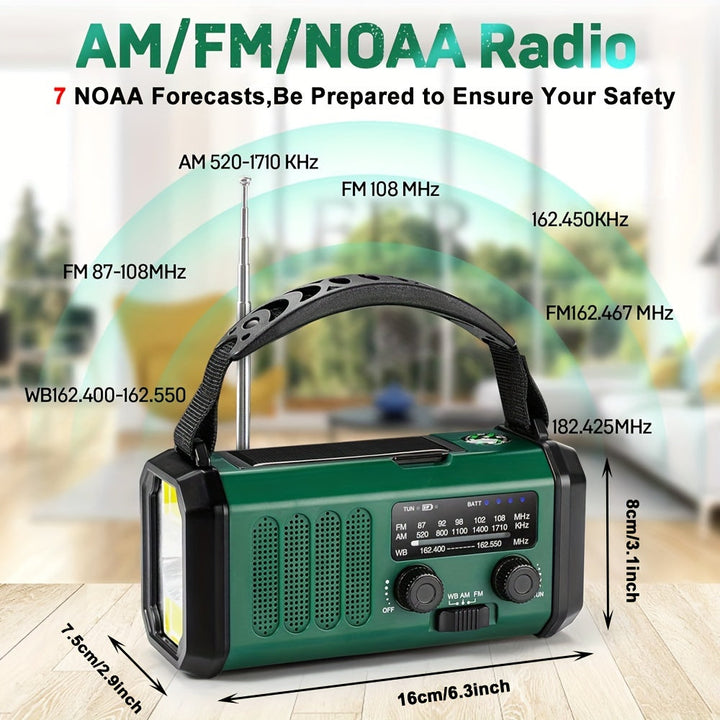 Radio portable de survie 10000mAh, rechargeable solaire/dynamo, AM/FM, pour extérieur et urgences.
