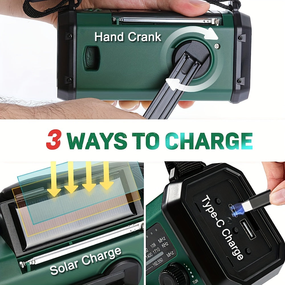 Radio AM/FM portable avec batterie 10000mAh, chargement solaire et manivelle pour urgences.