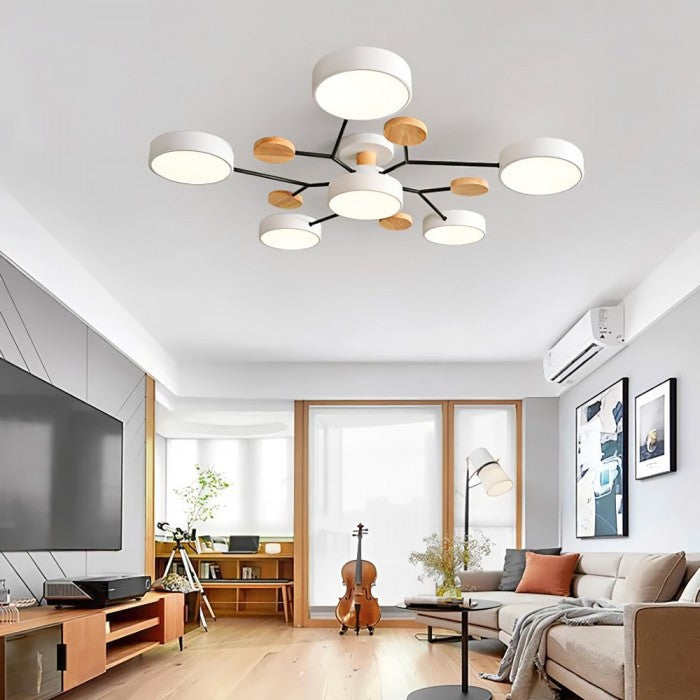 Plafonnier LED élégant, lumière chaude, ambiance scandinave pour la maison.