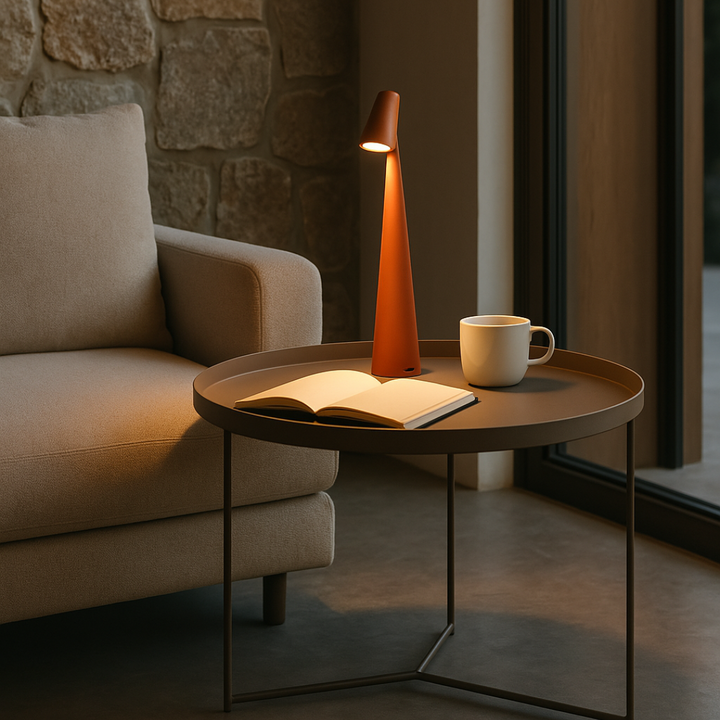 Éclairage de table LED portable en aluminium, style nordique minimaliste pour intérieur contemporain.