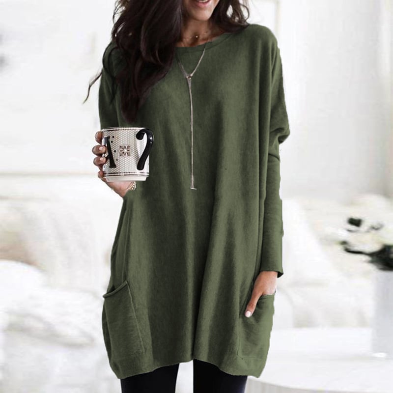 Robe-pull femme élégante et confortable, col rond, manches longues, parfaite automne-hiver.