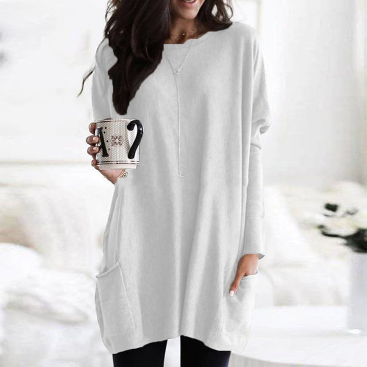 Robe-pull femme chic et décontractée, manches longues, col rond, idéale pour automne.