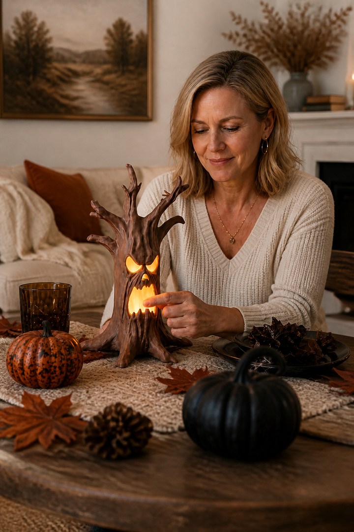 Ornement Halloween sans flamme, tronc d'arbre en résine avec visage lumineux, crée une ambiance unique.