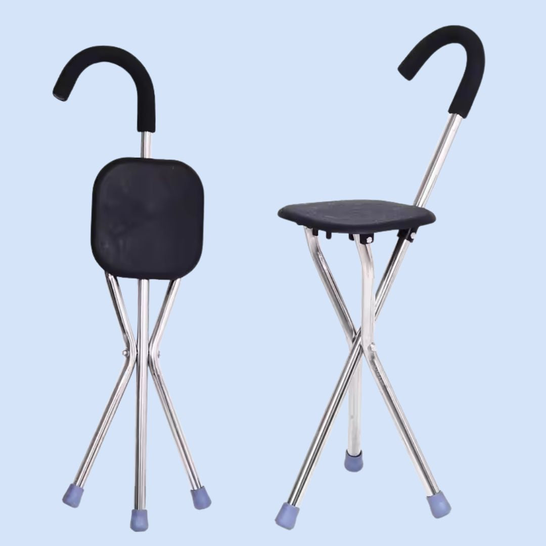Voyagez léger avec CrutchSeat: tabouret portable et support pour béquilles. Confort et repos où que vous soyez.