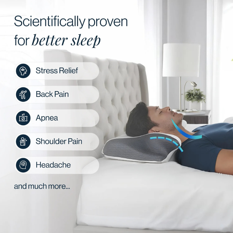 Oreiller cervical mousse à mémoire de forme posé sur un lit, invitant à un sommeil profond et réparateur.