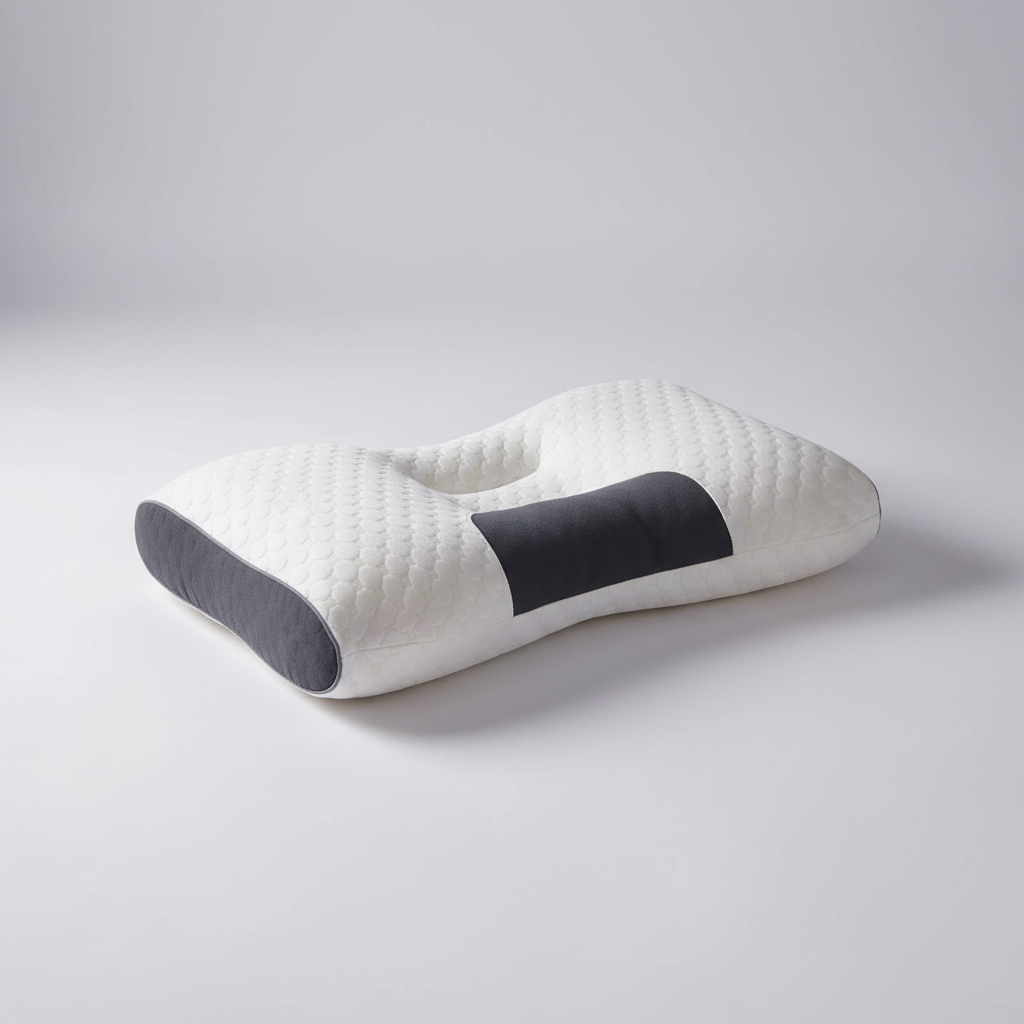 Oreiller cervical ergonomique blanc pour un soutien optimal de la nuque et un sommeil réparateur.