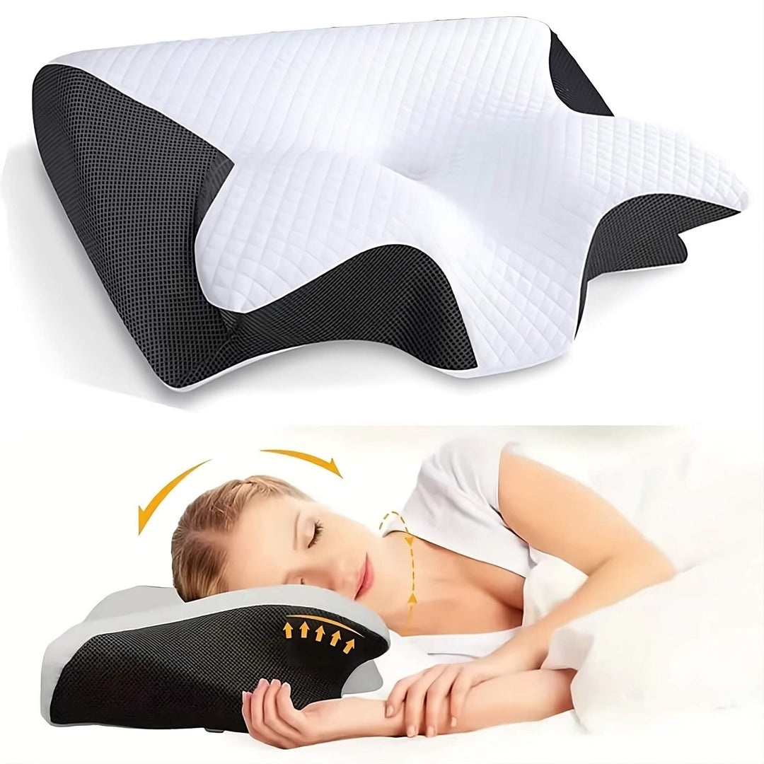 Oreiller orthopédique ergonomique pour soutien cervical et sommeil réparateur, soulage douleur au dos.