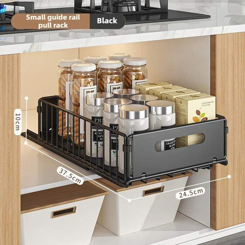 Organisateur épices coulissant en acier carbone pour placard profond. Optimise le rangement cuisine sans perçage.