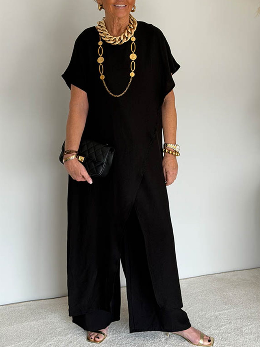 Vêtements femme: ensemble élégant, tunique fluide longue et pantalon large pour un confort optimal.