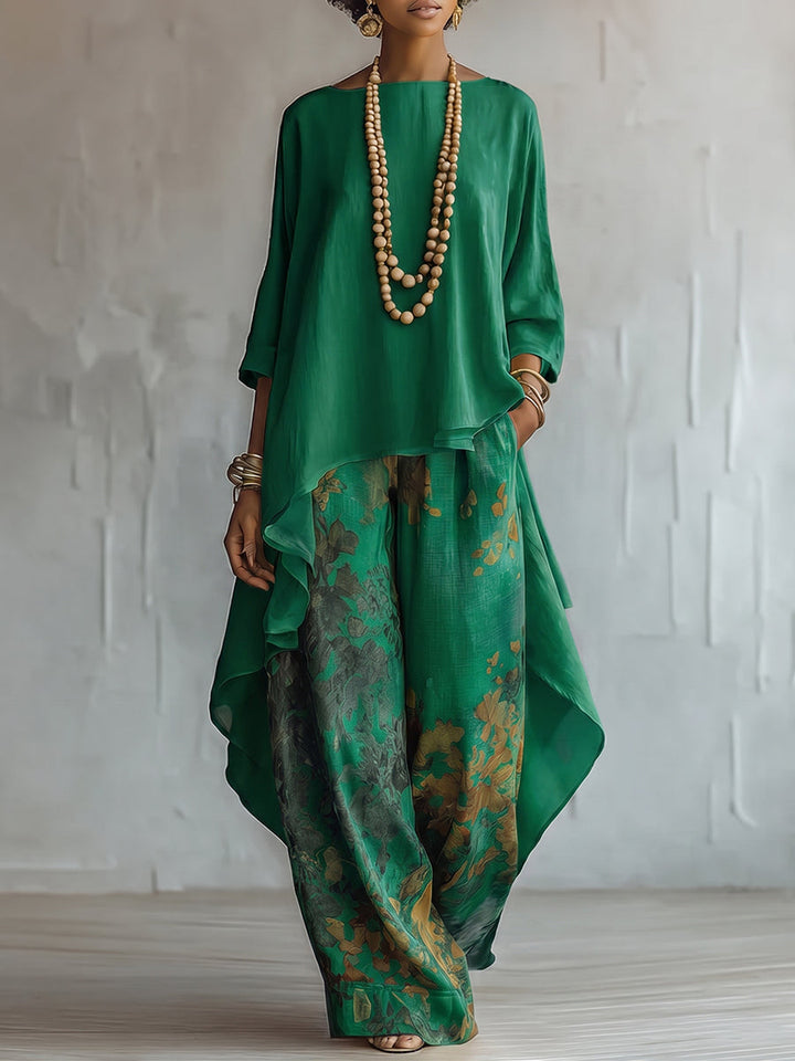 Ensemble femme bohème avec pantalon à motif floral et haut asymétrique fluide, style décontracté parfait pour l'été.