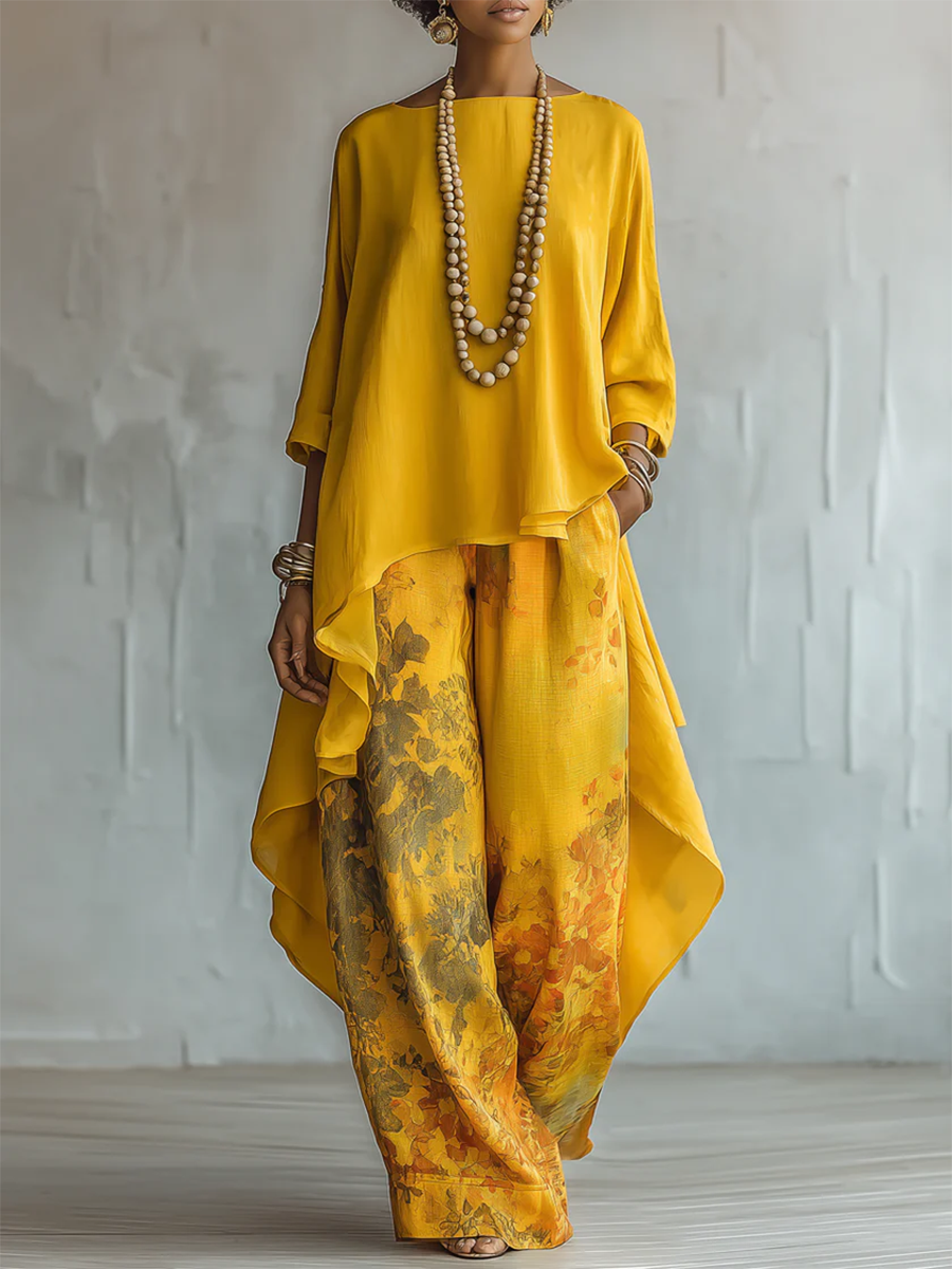 Haut asymétrique fluide bohème, partie de l'ensemble femme avec pantalon floral, idéal pour un look décontracté chic.
