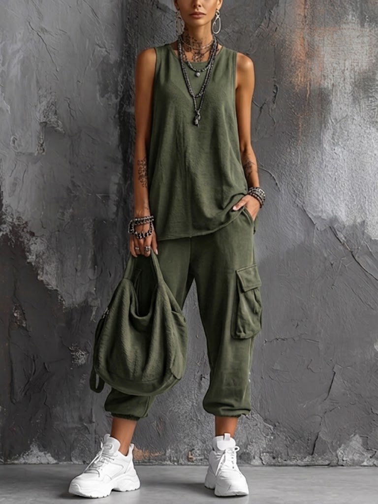 Ensemble décontracté femme, top sans manches et pantalon cargo ample, parfait pour un style urbain confortable.