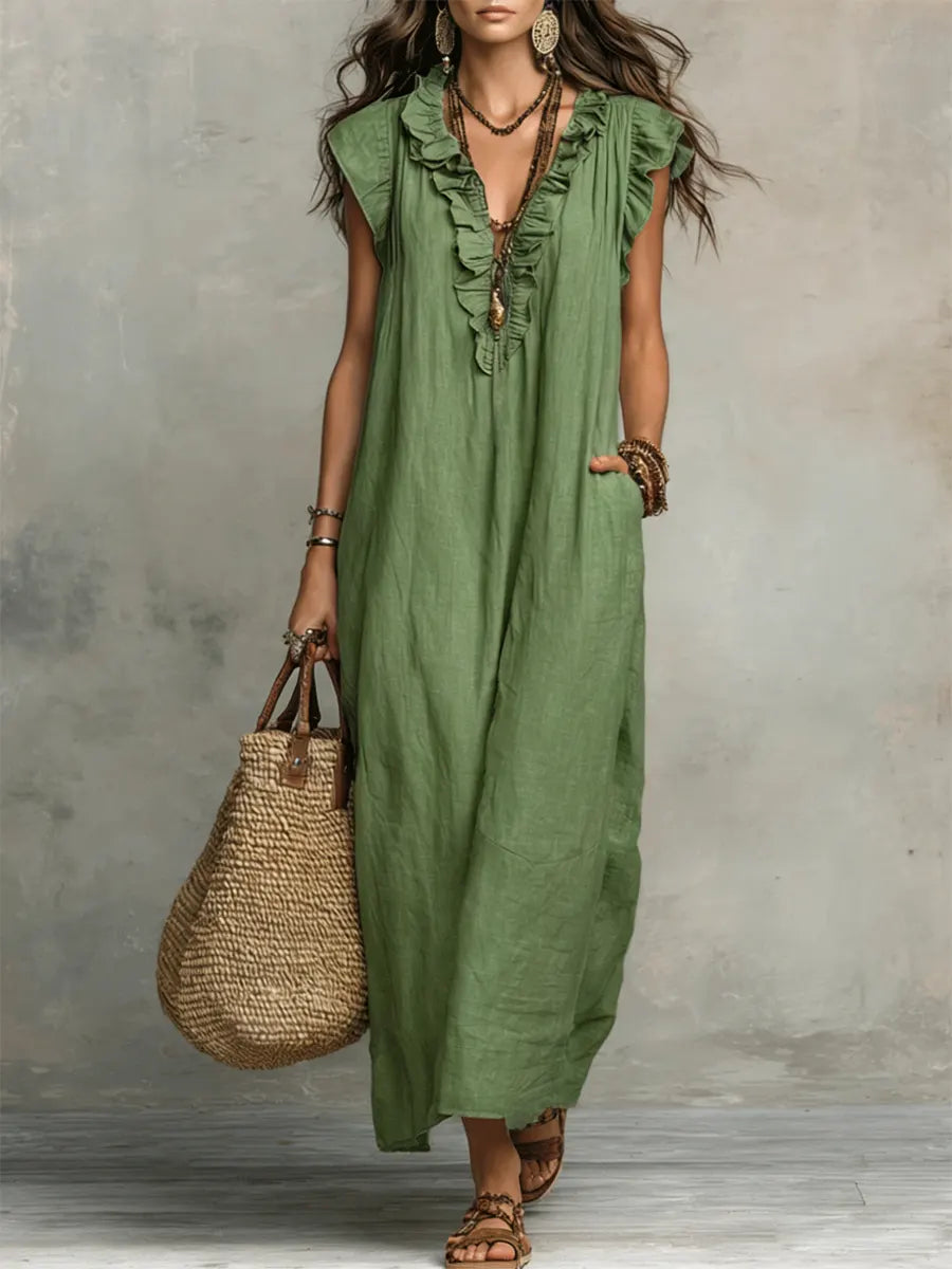 Élégante robe fluide femme en lin coton, coupe bohème décontractée, idéale printemps/été.