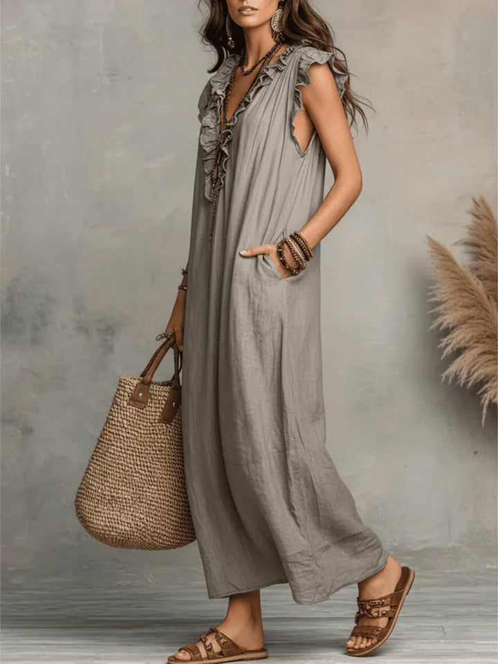 Robe femme bohème chic, longue et fluide en lin coton, idéale pour printemps et été.