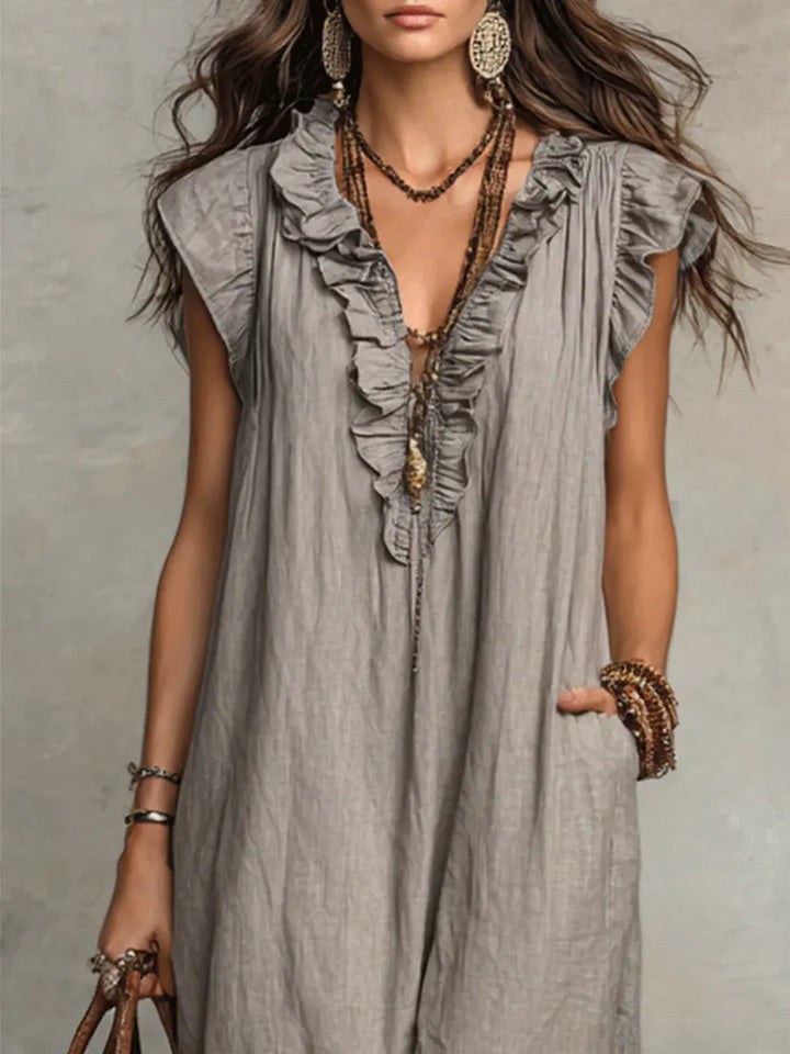 Robe longue femme en lin coton fluide, look bohème décontracté, idéale printemps-été.