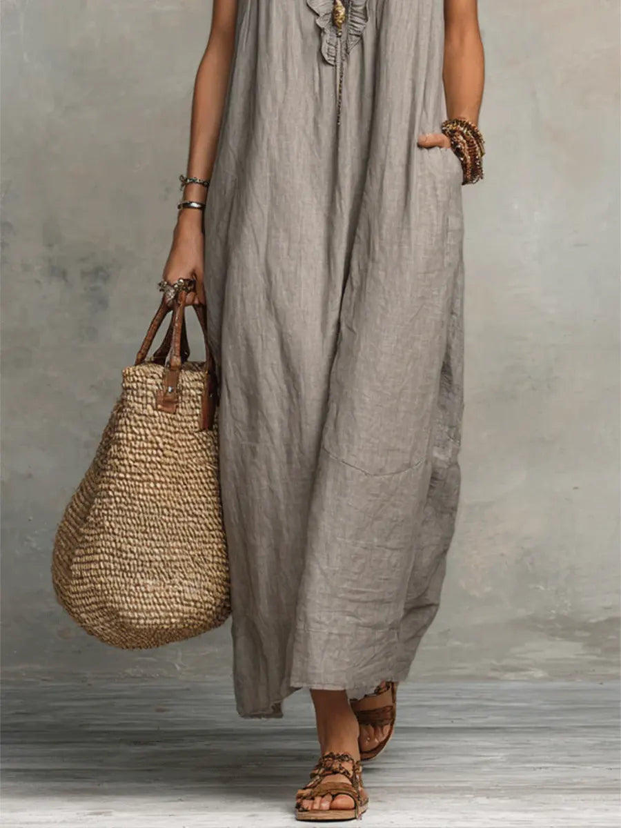 Robe fluide élégante femme en lin coton, style bohème, confortable pour l'été.
