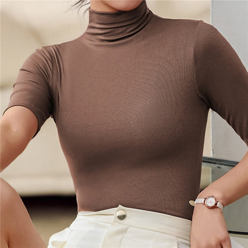 Pull col roulé femme ajusté, sans couture. Design chic et moderne, idéal pour superposer en hiver ou automne.