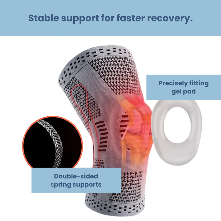 Détail orthèse de genou unisexe, montrant le design ergonomique pour soutien et confort optimal de l'articulation.