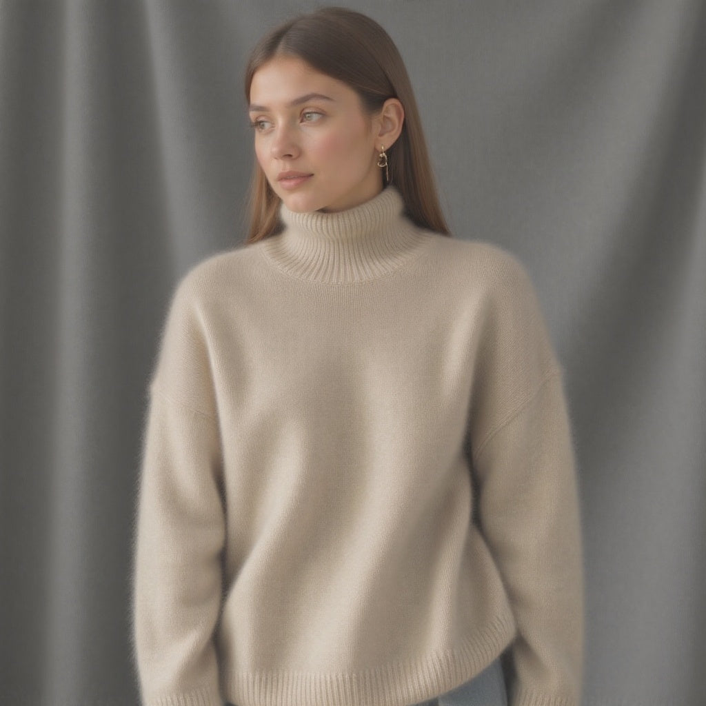Pull tricot femme col roulé oversize, ultra doux et confortable, parfait pour un style hiver moderne.