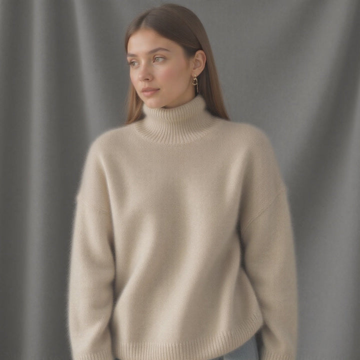 Pull tricot femme col roulé oversize, ultra doux et confortable, parfait pour un style hiver moderne.
