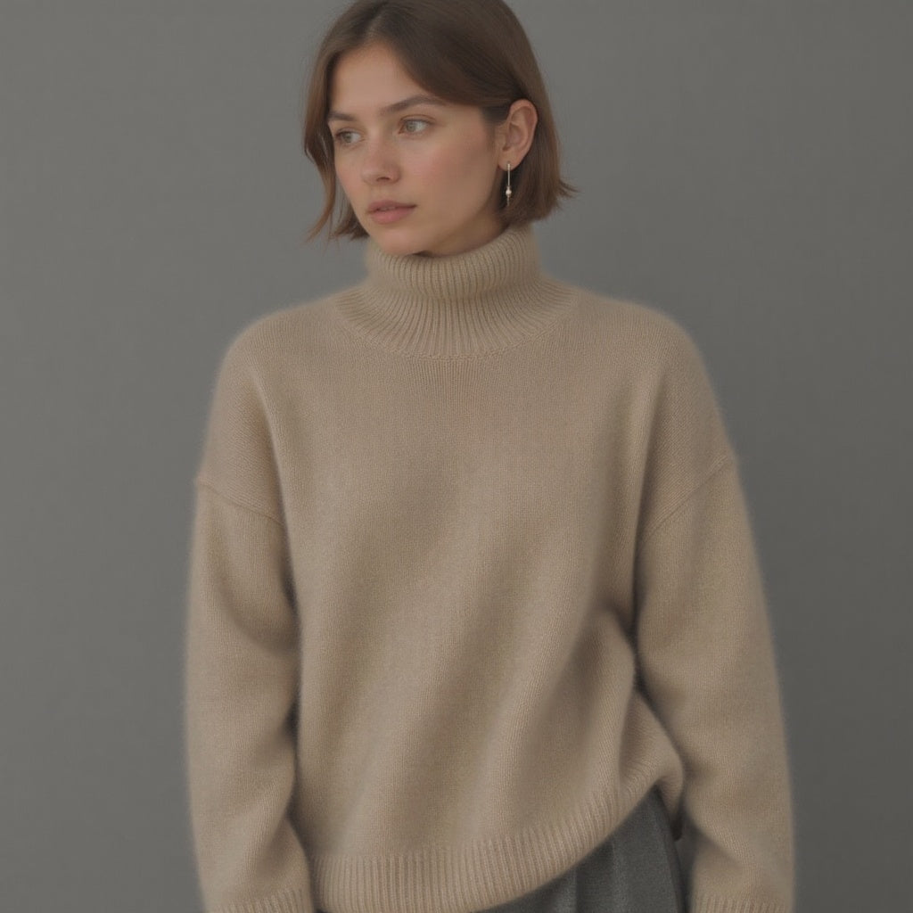 Pull femme chaud et élégant, col roulé oversize, tricot doux pour affronter la mode hiver avec style.