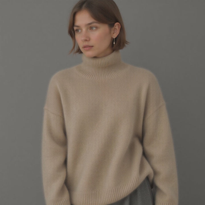 Pull femme chaud et élégant, col roulé oversize, tricot doux pour affronter la mode hiver avec style.