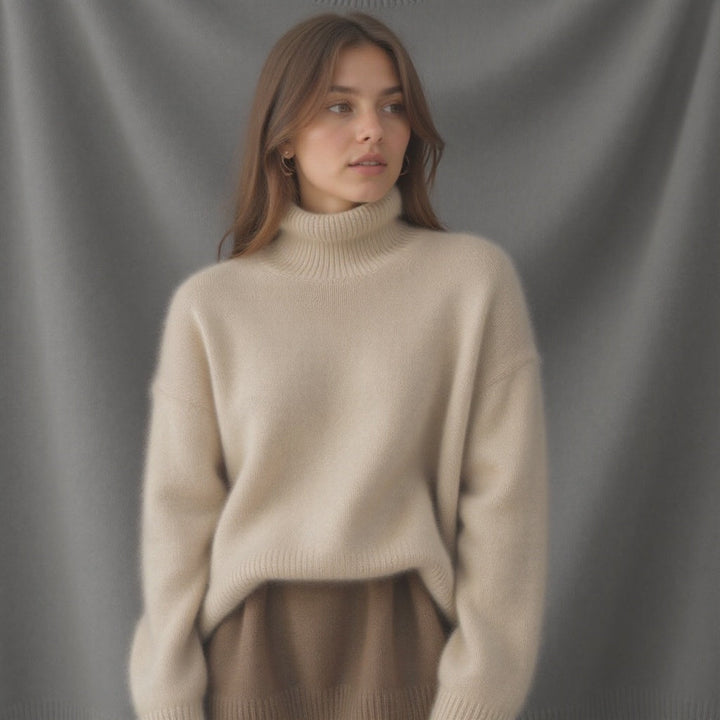 Tricot femme oversize confortable, col roulé moderne, idéal pour une tenue décontractée et chic.