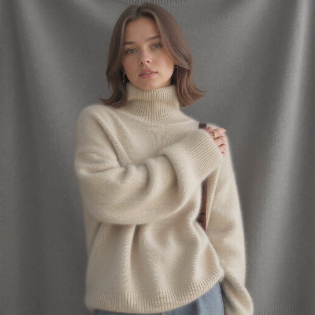 Pull femme chaud et doux, col roulé oversize, tricot élégant pour un style décontracté et moderne en hiver.