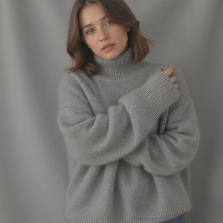 Mode hiver: pull femme col roulé oversize, tricot chaud et confortable pour un look décontracté chic.