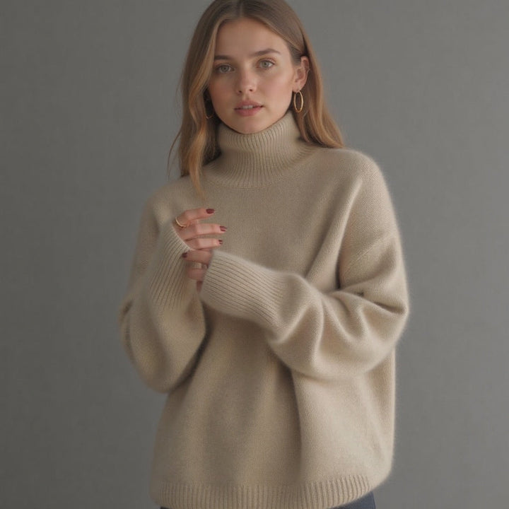 Pull femme col roulé oversize, tricot doux et chaud, parfait pour un style décontracté moderne en hiver.