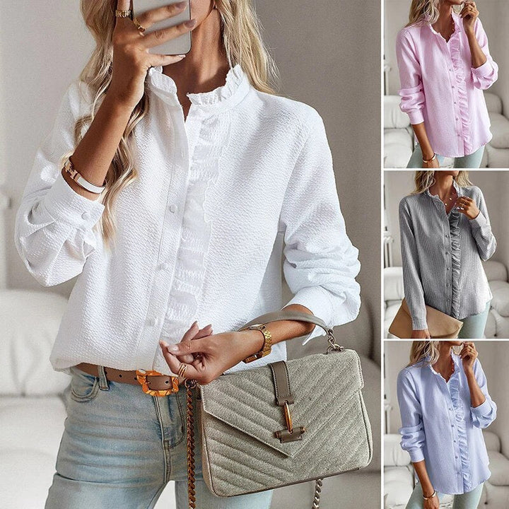 Chemisier femme élégant, col montant et manches longues. Idéal pour un style professionnel et chic en automne.