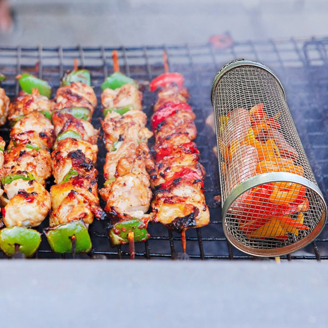 Panier à barbecue pour légumes et fruits de mer, en inox, facile à nettoyer et réutilisable.