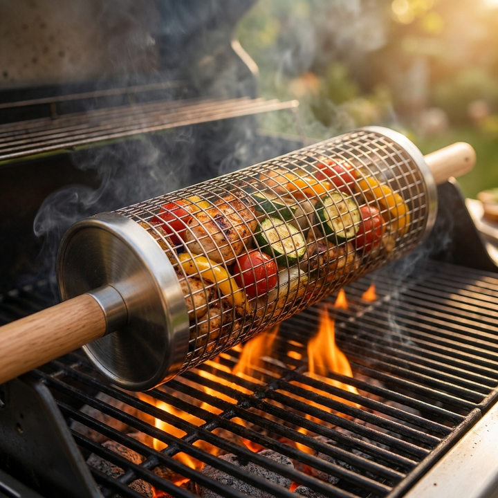 Panier de barbecue rotatif en acier inoxydable pour grillades parfaites, idéal pour légumes et viandes.