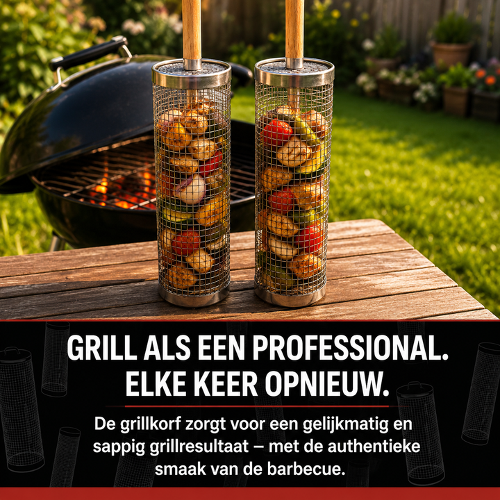 Panier à grillades rotatif en inox pour camping et cuisine extérieure. Facilite la cuisson homogène des aliments.