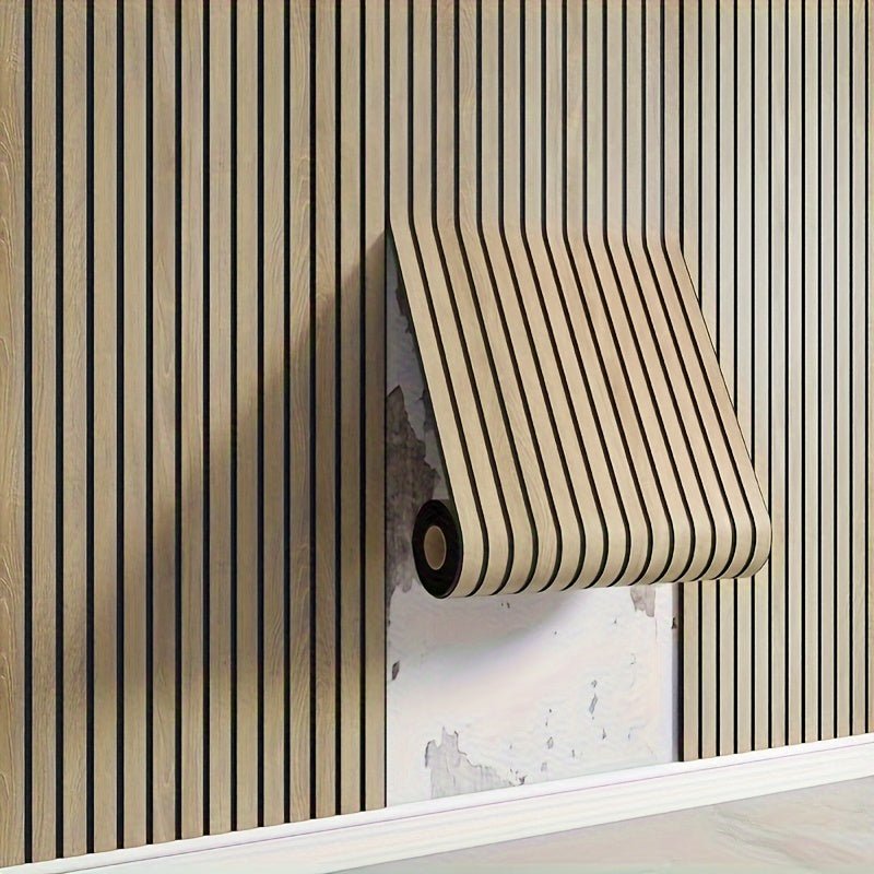 Installation simple de panneaux muraux 3D adhésifs en PVC, aspect bois, transformant instantanément votre intérieur.