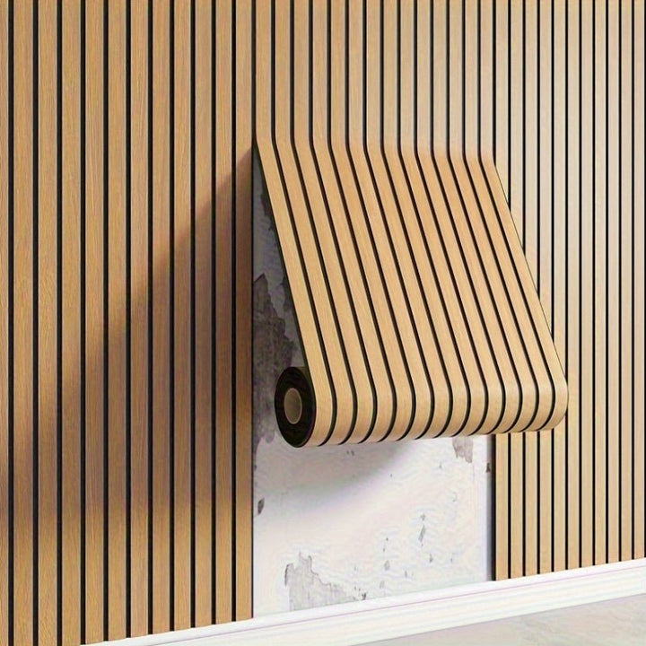 Rénovez un mur avec des panneaux autocollants 3D aspect bois. Solution rapide et esthétique pour un nouveau look.