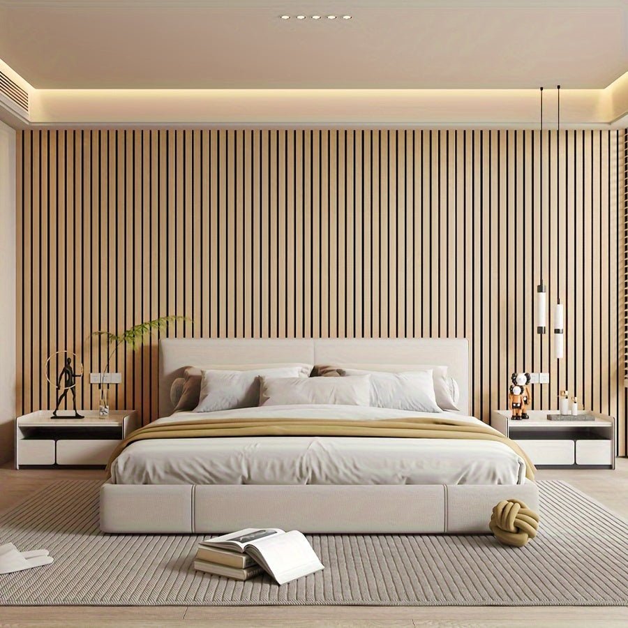 Angle de vue montrant des panneaux muraux 3D autocollants, texture bois en relief pour un mur design et moderne.