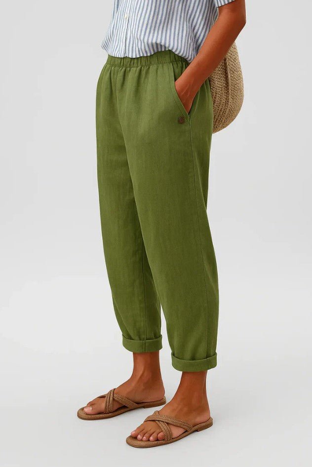 Pantalon femme élégant, jambe large, lin et coton. Taille élastique, parfait pour looks décontractés ou chics.