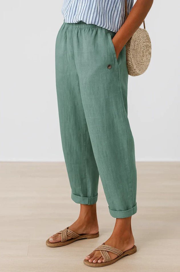 Pantalon décontracté femme, jambe large en mélange lin-coton. Taille élastique pour un confort maximal.