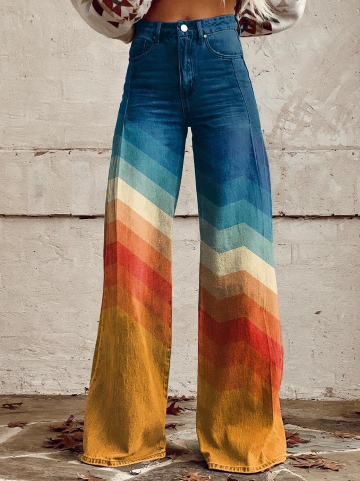Pantalon large femme motif zigzag multicolore rétro, taille haute, idéal printemps/été. Confortable et élégant.