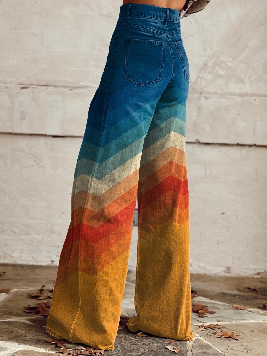 Pantalon large zigzag pour femmes, style rétro chic et multicolore. Parfait mode printemps-été, très confortable.