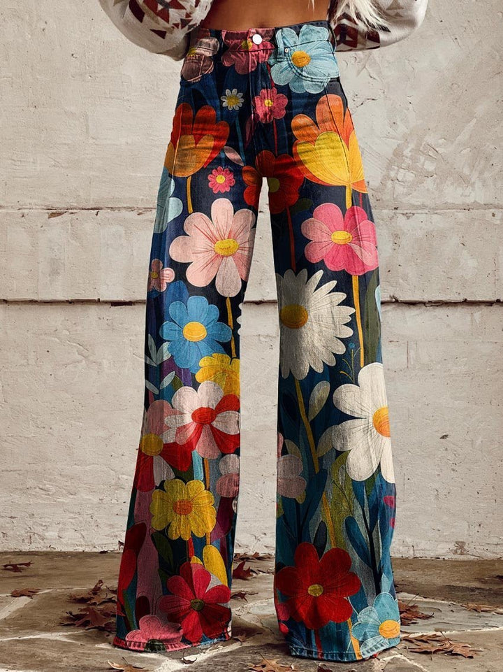 Pantalon large fluide femme imprimé floral multicolore. Confortable, taille haute. Idéal pour la mode printemps-été.
