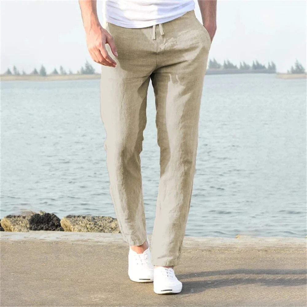 Pantalon d'été léger pour homme, coupe droite confortable avec cordon de serrage, parfait pour les journées chaudes.