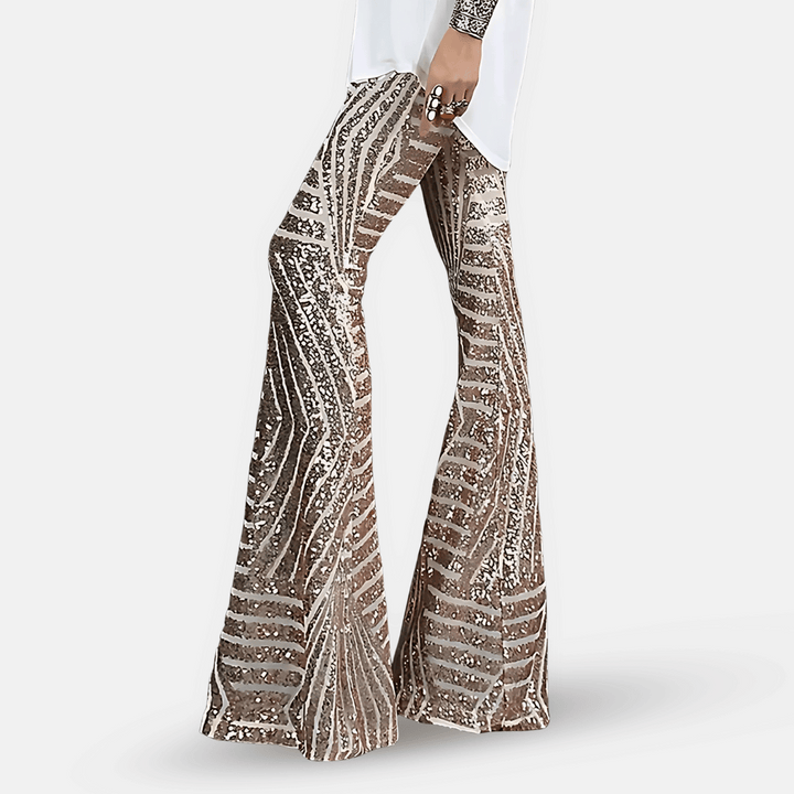 Pantalon femme pattes d'éléphant à paillettes scintillantes, parfait pour soirée chic ou festival.