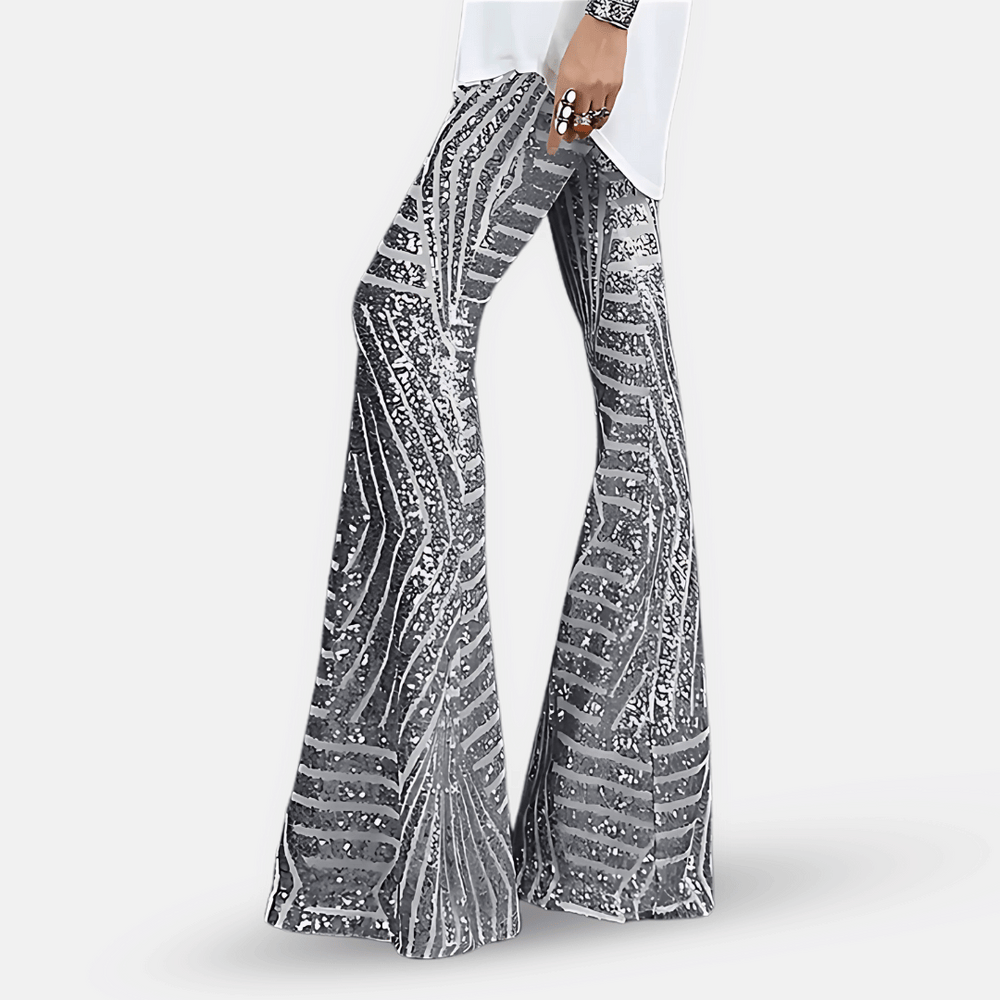 Pantalon glamour femme taille haute, pattes d'éléphant à paillettes pour une tenue festive étincelante.
