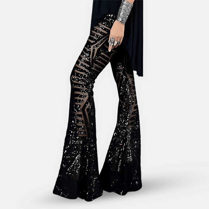 Pantalon confortable femme pattes d'éléphant à paillettes, idéal pour la danse ou une soirée élégante.