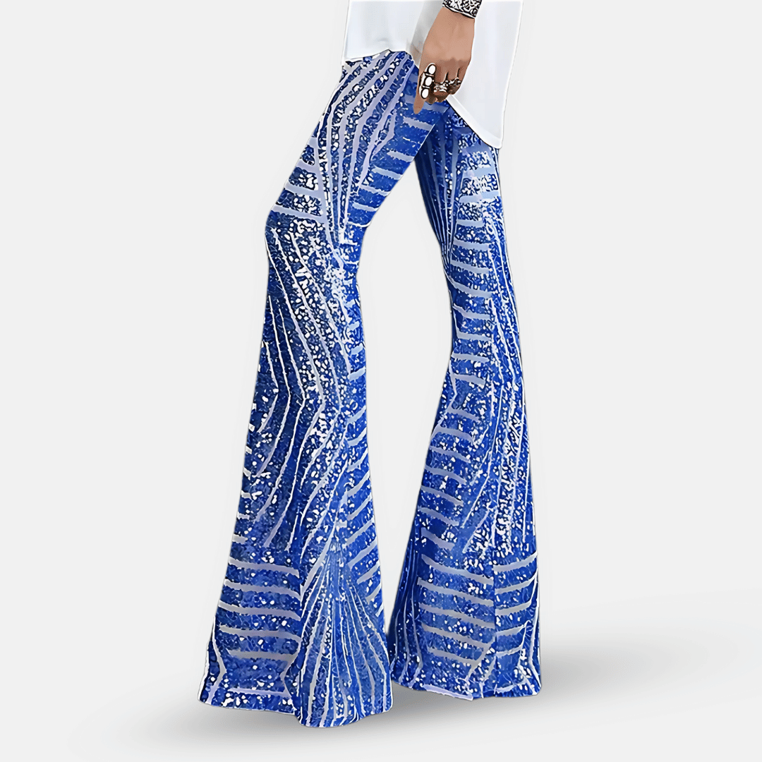 Mode femme: pantalon chic à paillettes scintillantes, coupe pattes d'éléphant, idéal pour un look de soirée.