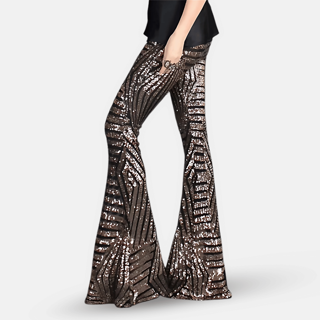 Pantalon pattes d'éléphant pailleté scintillant femme, parfait pour festival, danse ou événement spécial.