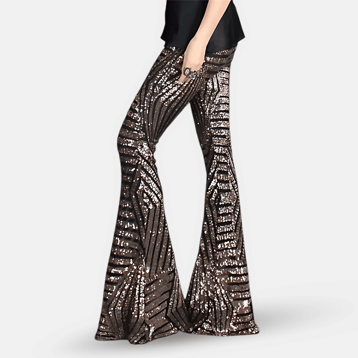 Pantalon pattes d'éléphant pailleté scintillant femme, parfait pour festival, danse ou événement spécial.