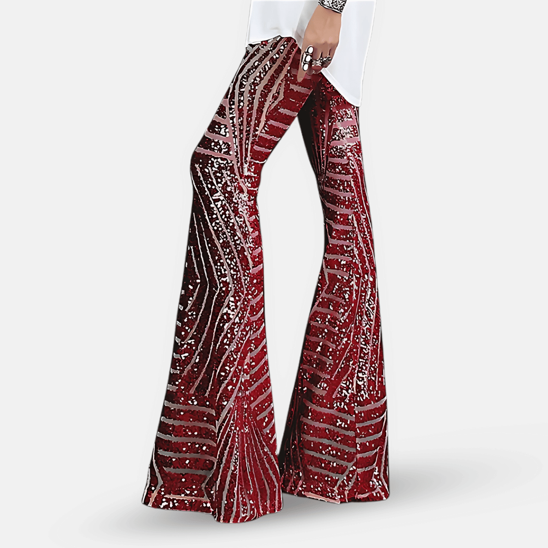 Pantalon de soirée élégant pour femme, pattes d'éléphant, orné de paillettes scintillantes pour un look glamour.